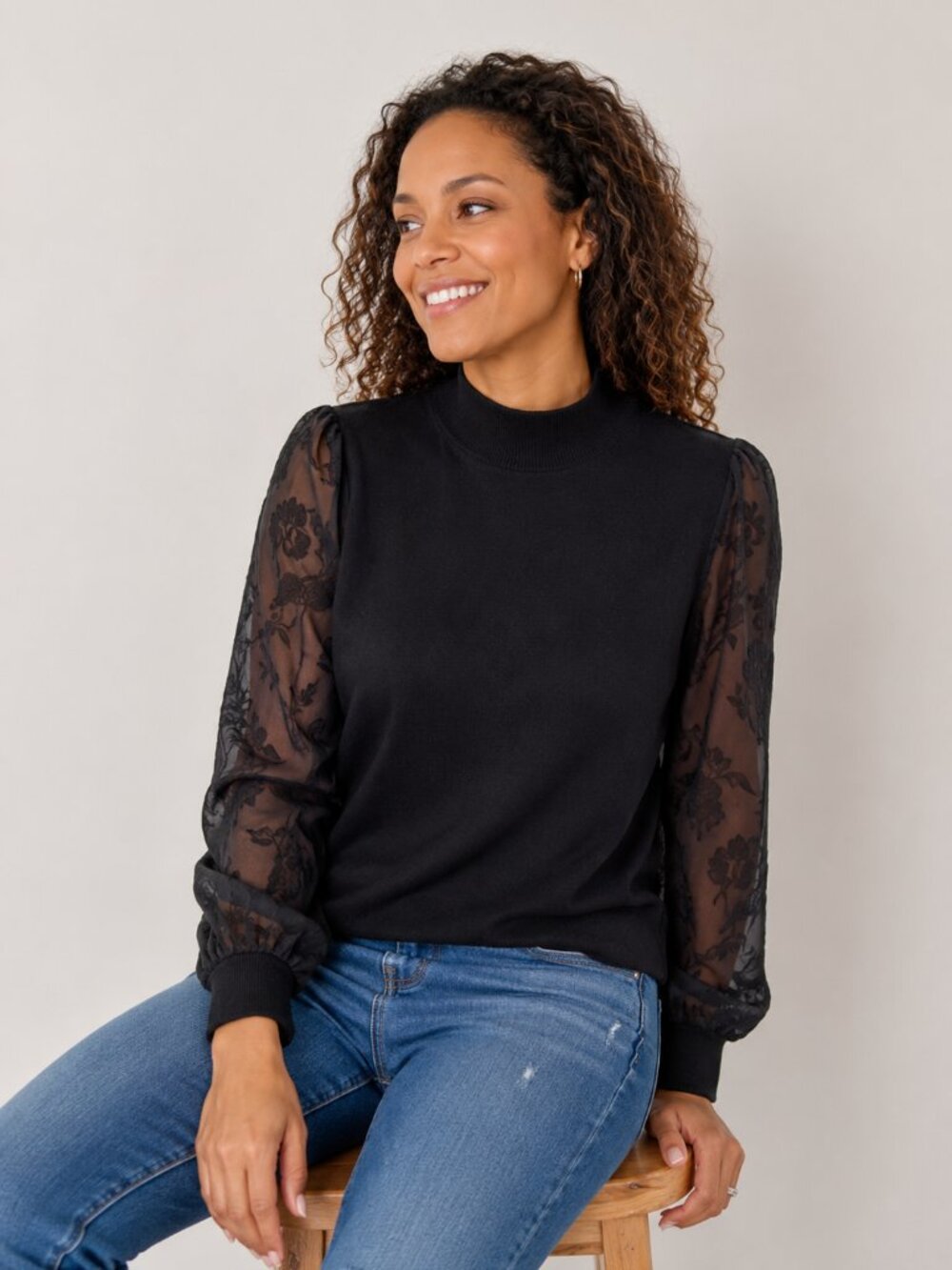 Mexx Women's Medium Black Mock Neck Sheer Long Sleeve Blouse NWT Lightweight Top